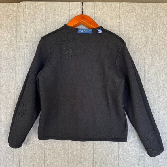 Karen Scott 100% Wool Black Embroidery Covered Button Front Cardigan Sweater - Picture 9 of 12